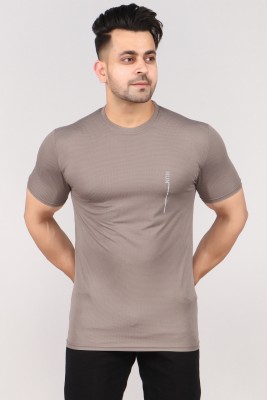 FitCORE Solid Men Round Neck Beige T-Shirt