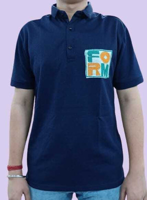 Joshua jenny Self Design, Typography Men Polo Neck Navy Blue T-Shirt