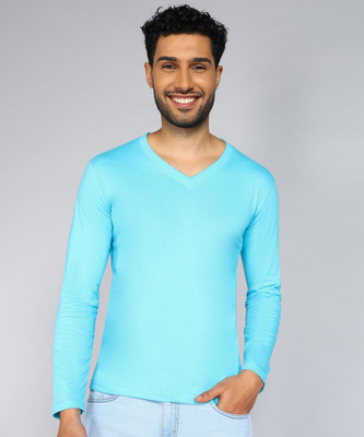 Fleximaa Solid Men V Neck Blue T-Shirt