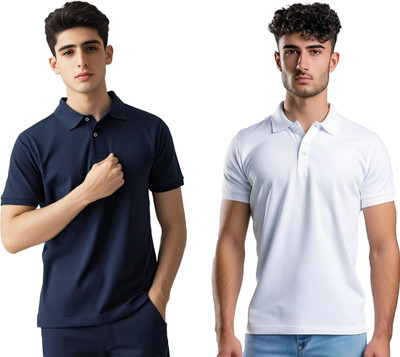 JEDFER Solid Men Polo Neck Navy Blue, White T-Shirt