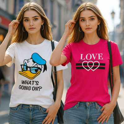 Fabflee Printed Women Round Neck Multicolor T-Shirt