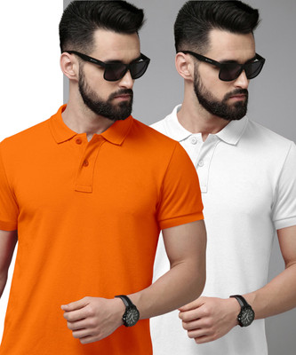 METRONAUT Solid Men Polo Neck Orange, White T-Shirt