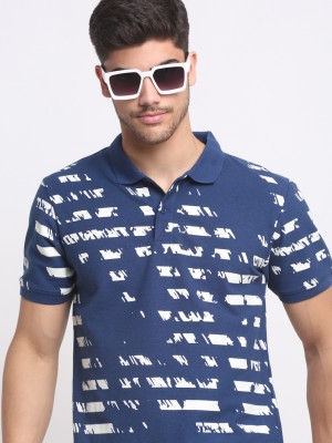 Affordable AF Printed Men Polo Neck Navy Blue T-Shirt