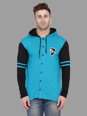 tfurnish Printed Men Hooded Neck Black, Light Blue T-Shirt