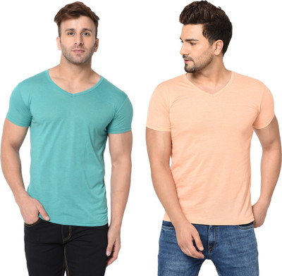 Tresna Trendy Solid Men V Neck Light Blue, Orange T-Shirt