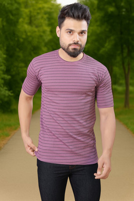 METRONAUT Striped Men Round Neck Purple T-Shirt