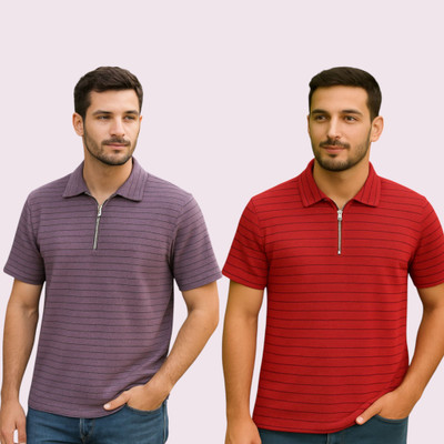 METRONAUT Striped Men Polo Neck Purple, Red T-Shirt