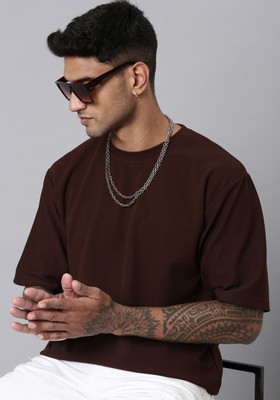 LEWEL Solid Men Round Neck Brown T-Shirt