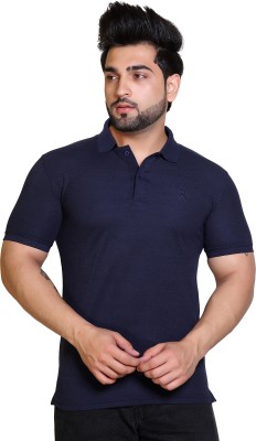 E-MAX Solid Men Polo Neck Navy Blue T-Shirt