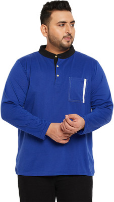 bigbanana Solid Men Henley Neck Blue T-Shirt