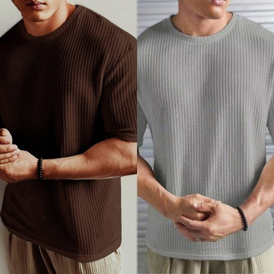 ADORATE Self Design Men Round Neck Brown, Grey T-Shirt
