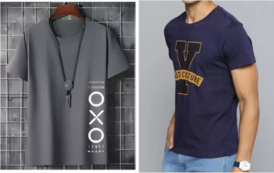 Pachirisu Printed Men Round Neck Grey, Navy Blue T-Shirt