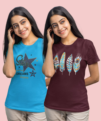 JILZ Printed Women Round Neck Light Blue, Maroon T-Shirt