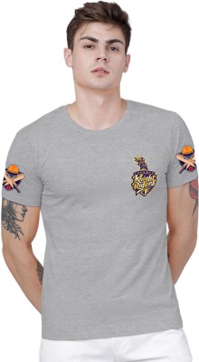 LazyChunks Embroidered Men Round Neck Grey T-Shirt