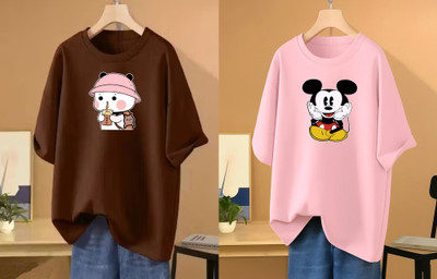 RAPTUROUS Printed Women Round Neck Brown, Pink T-Shirt