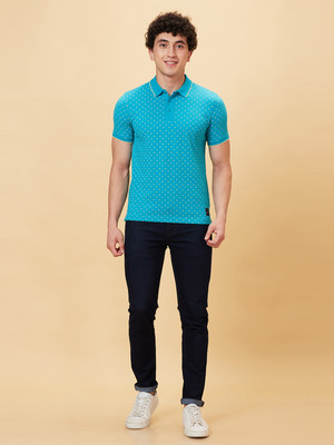 BEING HUMAN Printed Men Polo Neck Blue T-Shirt