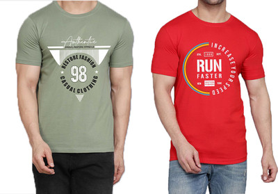 WOOSTRO Printed Men Round Neck Light Green, Red T-Shirt