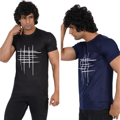 Jaqque Printed Men Round Neck Black, Dark Blue T-Shirt