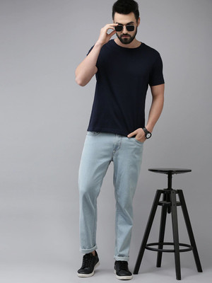 RULEDBYSUN Solid Men Round Neck Navy Blue T-Shirt