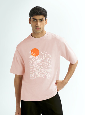 NOBERO Printed Men Crew Neck Pink T-Shirt