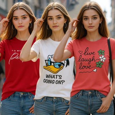 Fabflee Printed Women Round Neck Multicolor T-Shirt