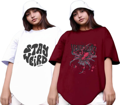 RS FASHION Printed Women Round Neck White, Maroon T-Shirt