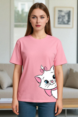 Elvia Printed Women Round Neck Pink T-Shirt