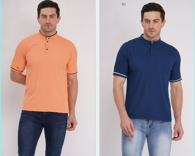 Pavis Solid Men Mandarin Collar Orange, Blue T-Shirt