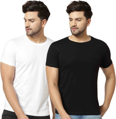 London Hills Solid Men Round Neck Black, White T-Shirt