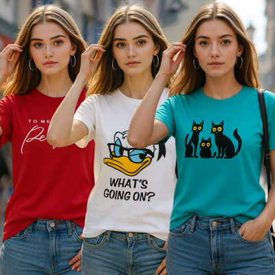 Fabflee Solid Women Round Neck Multicolor T-Shirt
