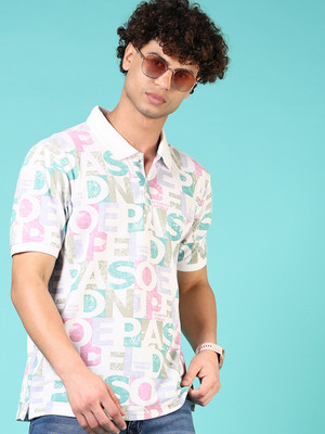 V-MART Printed Men Polo Neck White T-Shirt