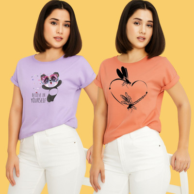 Kintu Parantu Printed Women Round Neck Purple, Pink T-Shirt