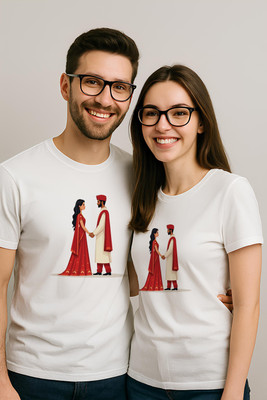Binayak Graphic Print Couple Round Neck White T-Shirt
