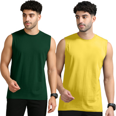 Adorbs Solid Men Round Neck Dark Green, Yellow T-Shirt