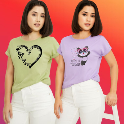 Parona Printed Women Round Neck Green, Purple T-Shirt