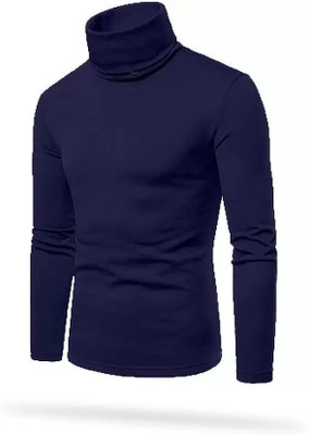 TEEMEX Solid Men High Neck Navy Blue T-Shirt