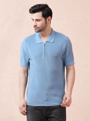 NOQUO Self Design Men Zip Neck Light Blue T-Shirt