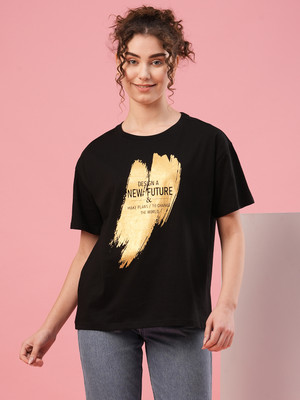 Globus Typography Women Round Neck Black T-Shirt