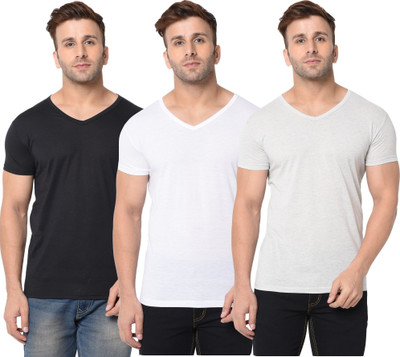 JB Jangoboy Solid Men V Neck White, Black, Grey T-Shirt