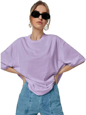 Lasmo Solid Women Round Neck Purple T-Shirt