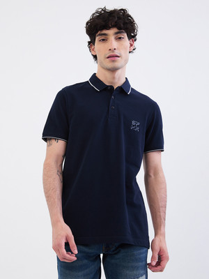 Spykar Solid Men Polo Neck Blue T-Shirt