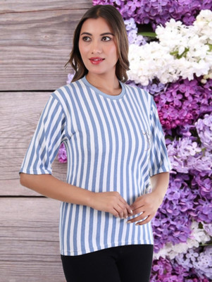 Marc Laurent Striped Women Round Neck Blue T-Shirt