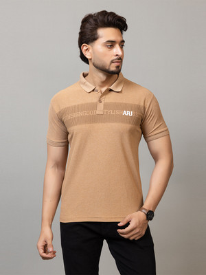 M TEX Solid Men Polo Neck Brown T-Shirt