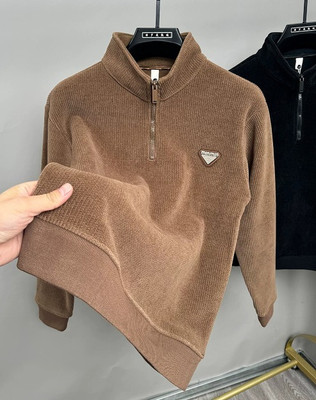 GELAI ENTERPRISE Solid, Self Design, Striped Men Zip Neck Brown T-Shirt