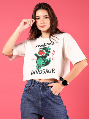 V-MART Printed Women Crew Neck White T-Shirt