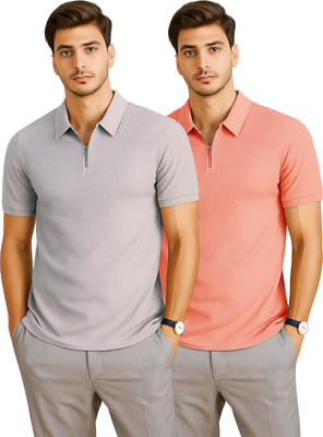RMLKN Self Design, Solid Men Zip Neck Multicolor, Grey T-Shirt