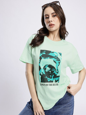 Glitchez Printed Women Round Neck Green T-Shirt