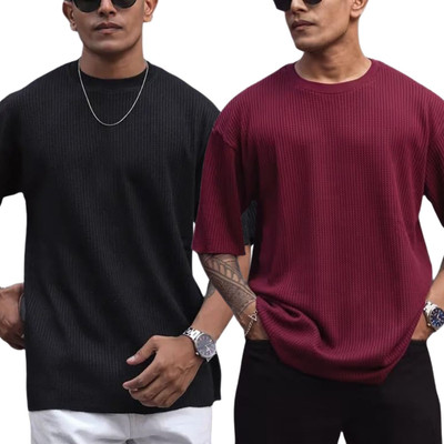 Ppenterises Solid Men Round Neck Black, Maroon T-Shirt
