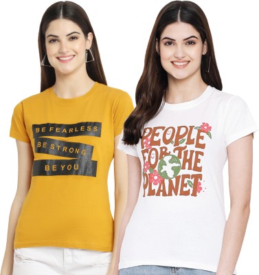 Fabflee Printed Women Round Neck Yellow, White T-Shirt