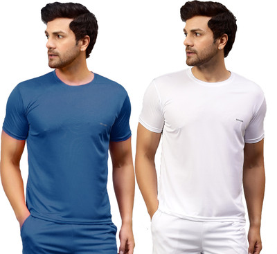 UDI n ADI Solid Men Round Neck Dark Blue, White T-Shirt